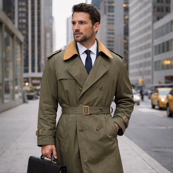 London Fog Classic Towne Olive Green Trench Coat zip out lining suede collar 46L